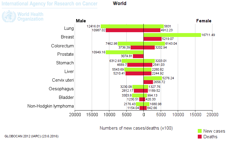 Most common types of cancer in men and women worldwide