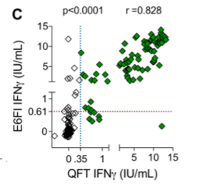 Correlation between IFN values obtained by QFT and E6FI in all participants was assessed by Spearman test. The dotted lines denote assay cut-offs: 0.35 IU/mL for QFT (vertical line) and 0.61 IU/mL for E6FI (horizontal line).(Source: Nemes et al., 2019)